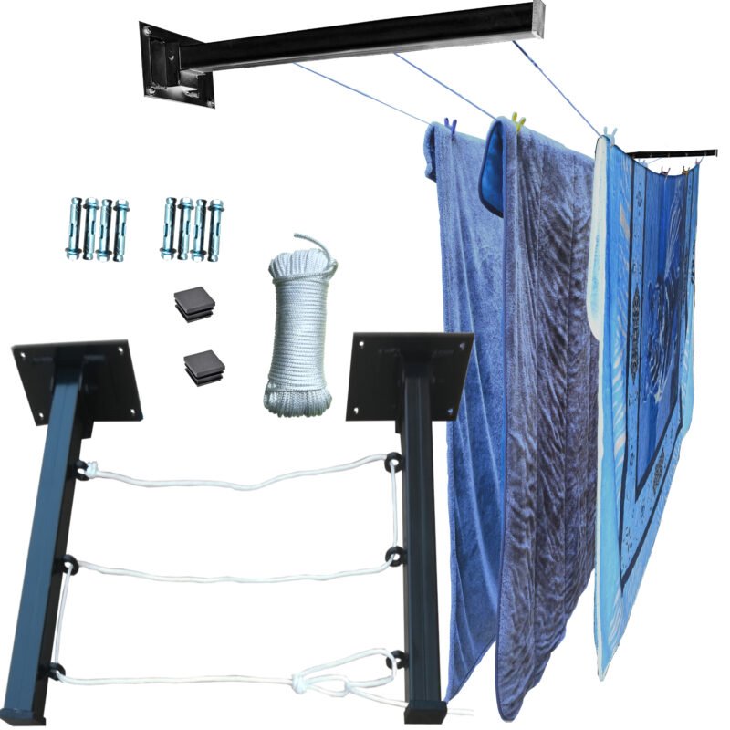 3LineasPoliester2 ONE SUPER PRACTIC Tendedero Plegable para Ropa y Cobijas Pesadas, Moderno y Elegante de Color Negro ó Blanco. (Cordón Poliéster, 3 líneas)