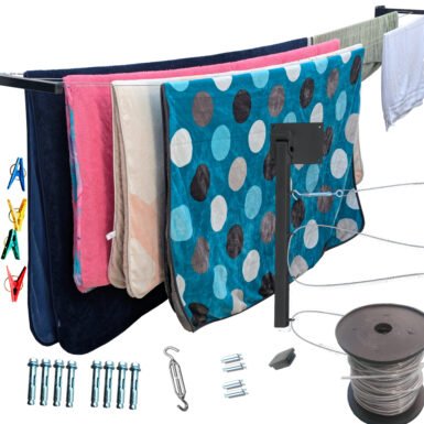 4LCaNPortada Tendedero Plegable para Ropa y Cobijas Pesadas, de Colores Blanco y Negro, Cable de Acero, 4 líneas