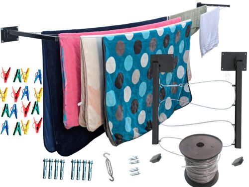 4LCaNPortada Tendedero Plegable para Ropa y Cobijas Pesadas, de Colores Blanco y Negro, Cable de Acero, 4 líneas