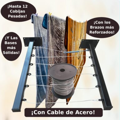 6LCANCable2 Tendedero Plegable para Ropa y Cobijas Pesadas, de Color Negro y Blanco. (Cable de Acero, 6 líneas)