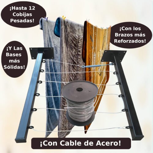 6LCANCable2 Tendedero Plegable para Ropa y Cobijas Pesadas, de Color Negro y Blanco. (Cable de Acero, 6 líneas)