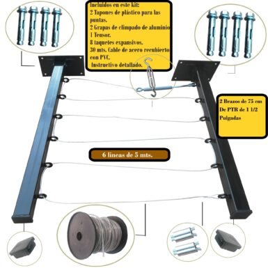 6LineasAcero3 Tendedero Plegable para Ropa y Cobijas Pesadas, de Color Negro y Blanco. (Cable de Acero, 6 líneas)